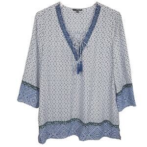 NYDJ Womens Beaded V-Neck Tassel Blouse 3/4 Sleeve Geometric Pattern Blue Small